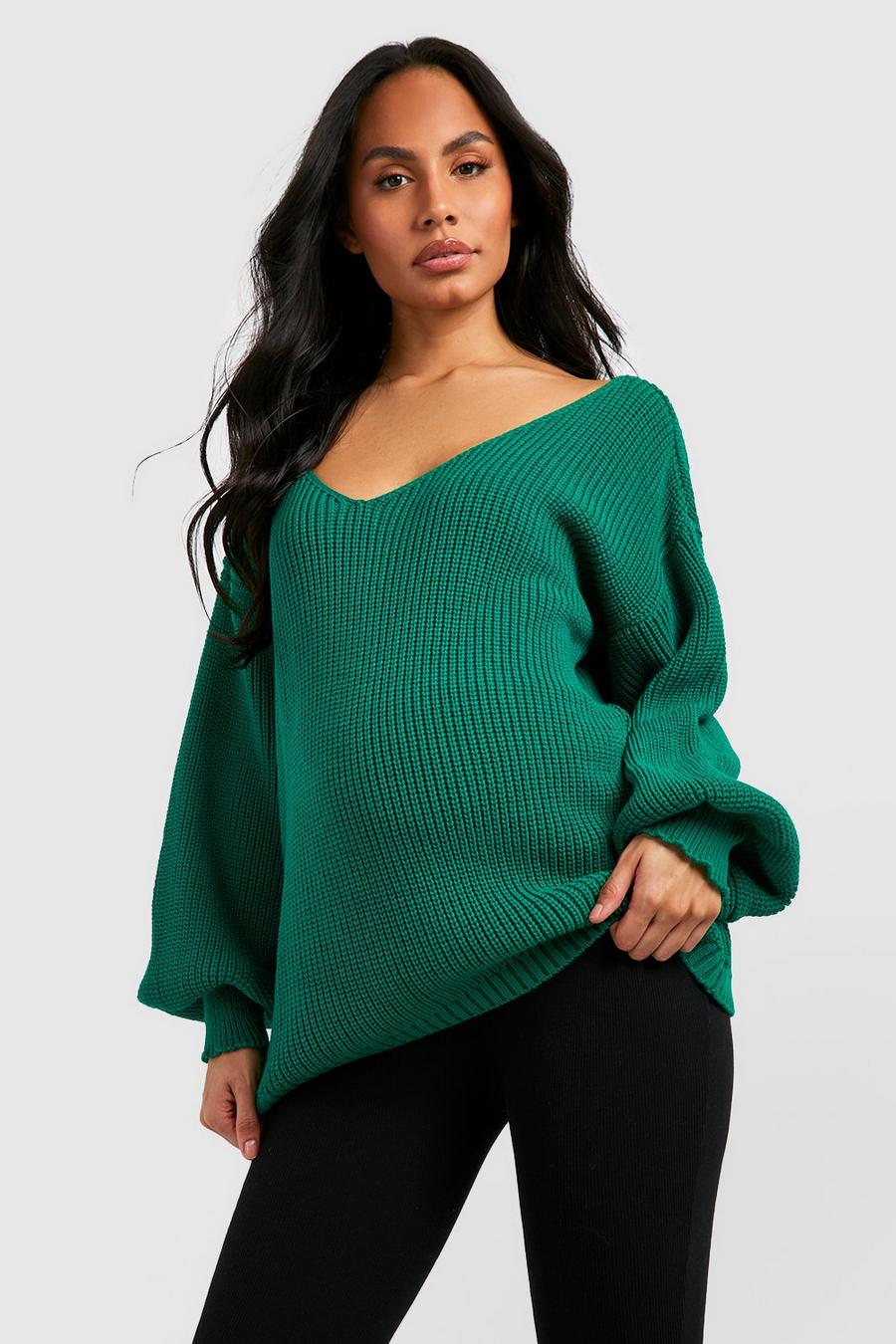 Bright green Maternity V Neck Sweater image number 1