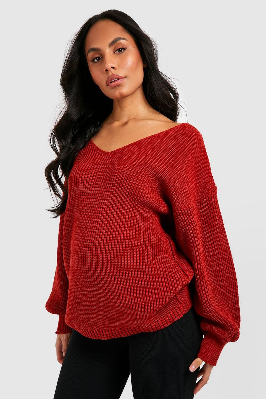Rust Maternity V Neck Sweater image number 1