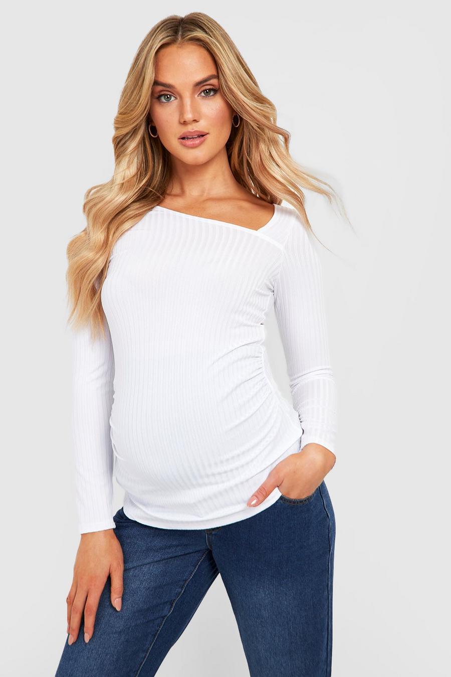 White Maternity Rib Asymmetric Long Sleeve Top image number 1