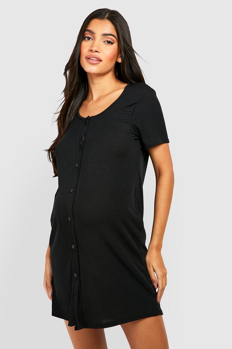 Black Maternity Rib Button Front Nightie image number 1