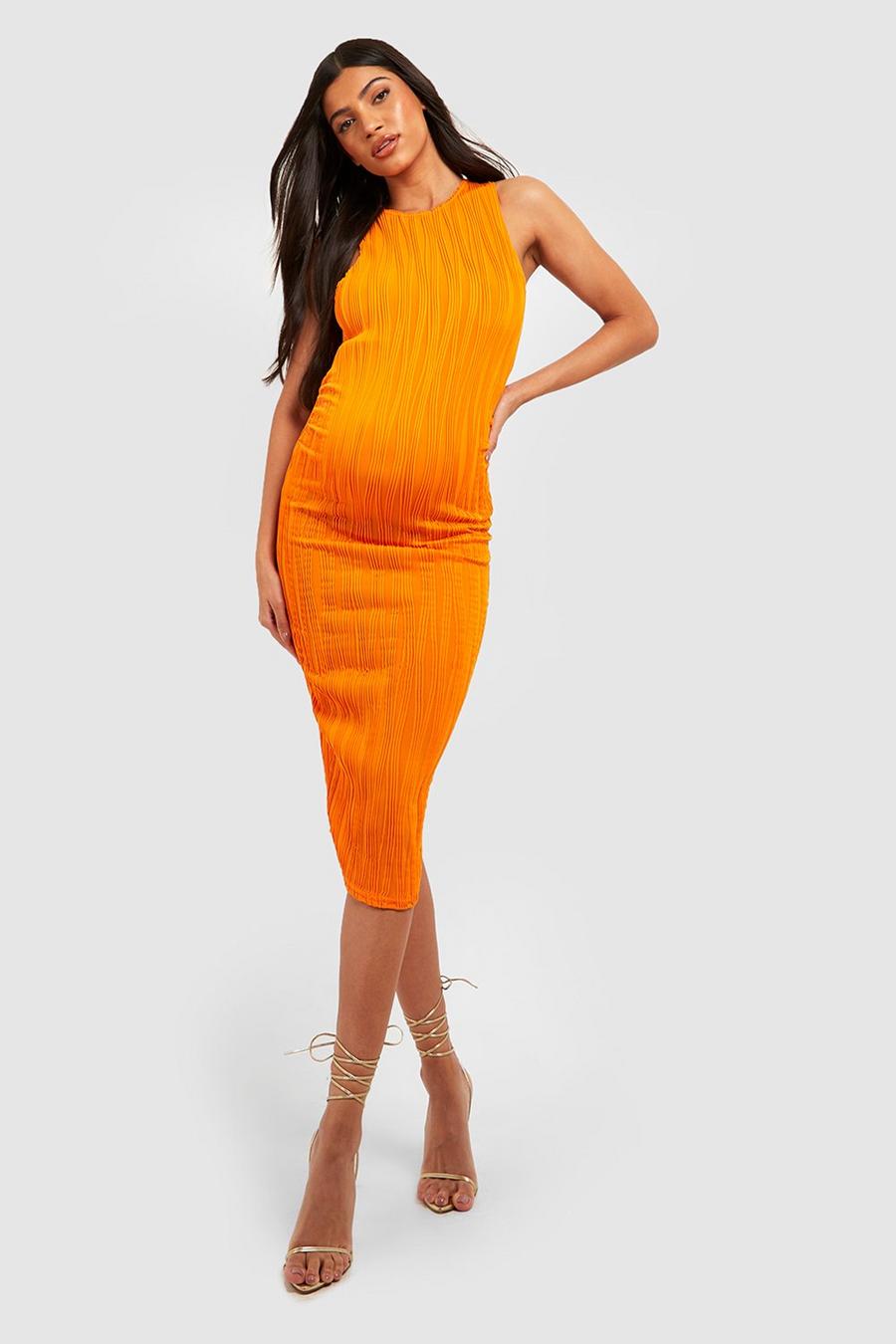Orange Maternity Wave Rib Racer Midi Dress image number 1