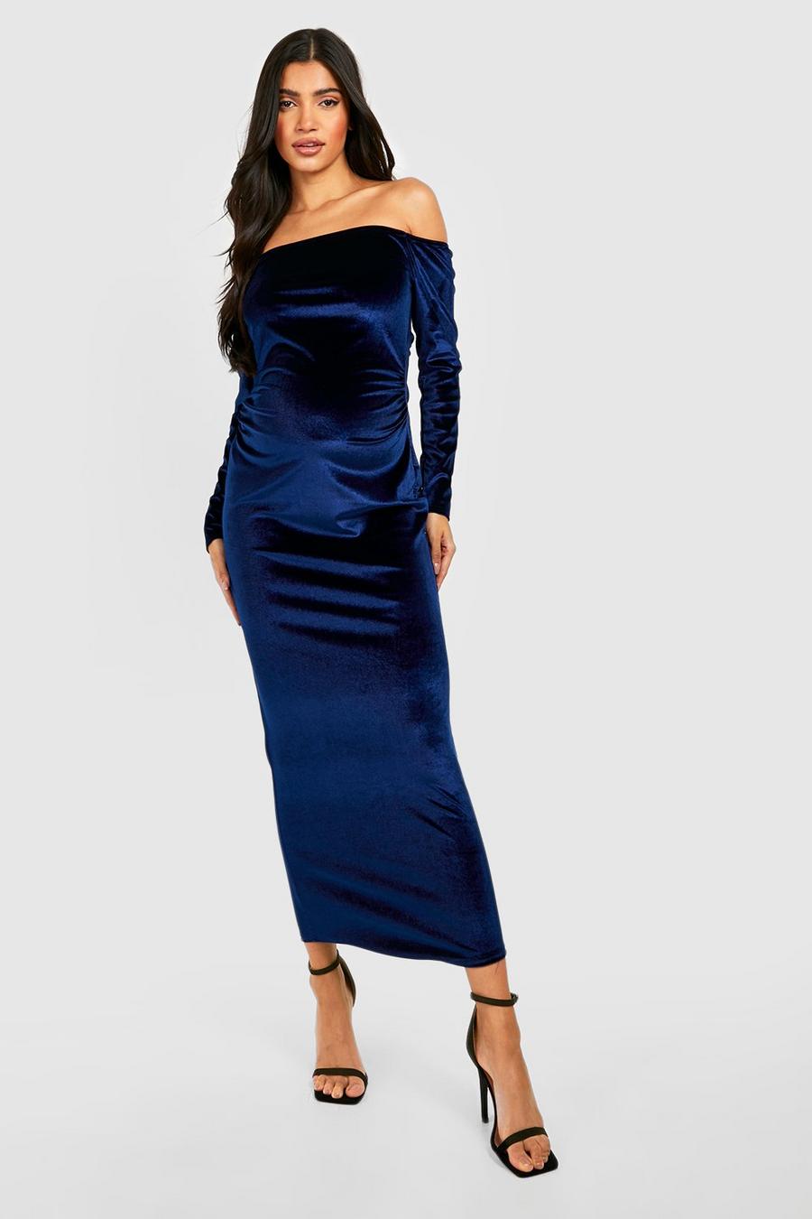 Vestido Premamá midaxi de terciopelo con escote bardot, Blue image number 1