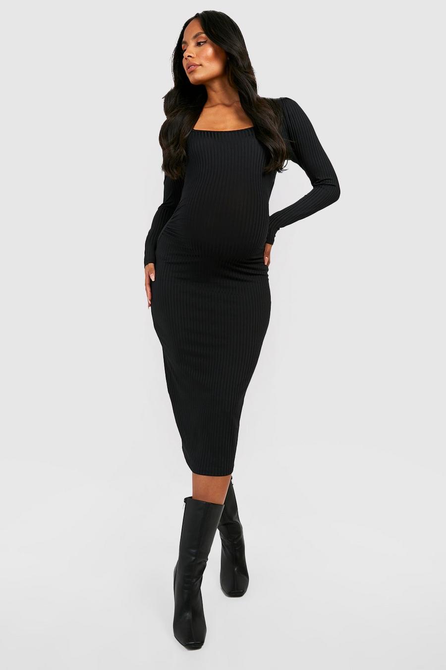 Black Maternity Rib Square Neck Midi Dress