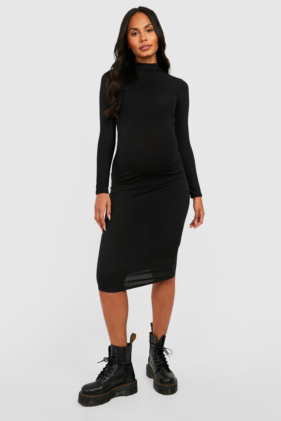 Black Maternity Rib Funnel Midi Dress image number 1