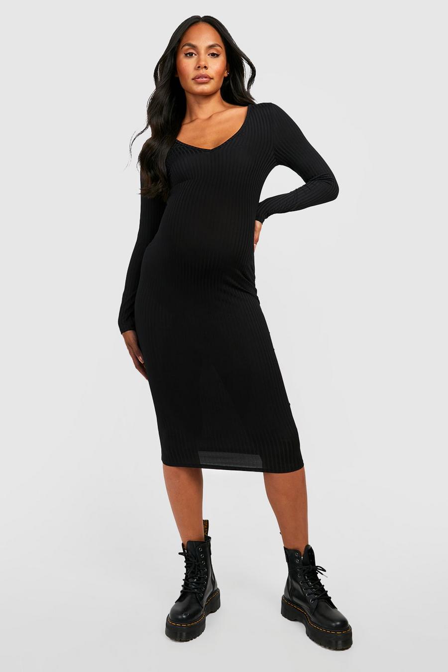 Black Maternity Rib V Neck Midi Dress image number 1