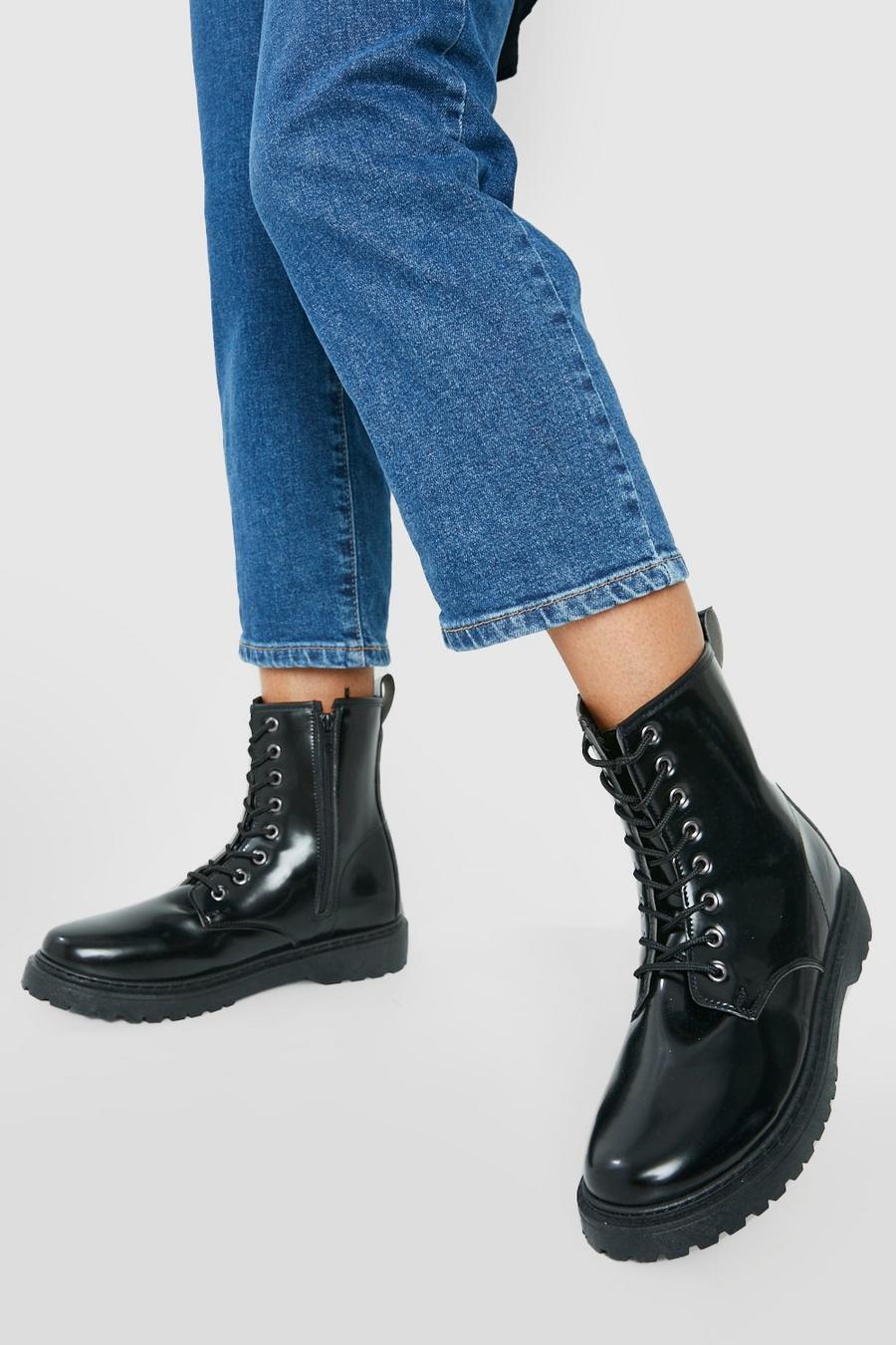 Black Wide Width Tab Detail Lace Up Combat Boots image number 1