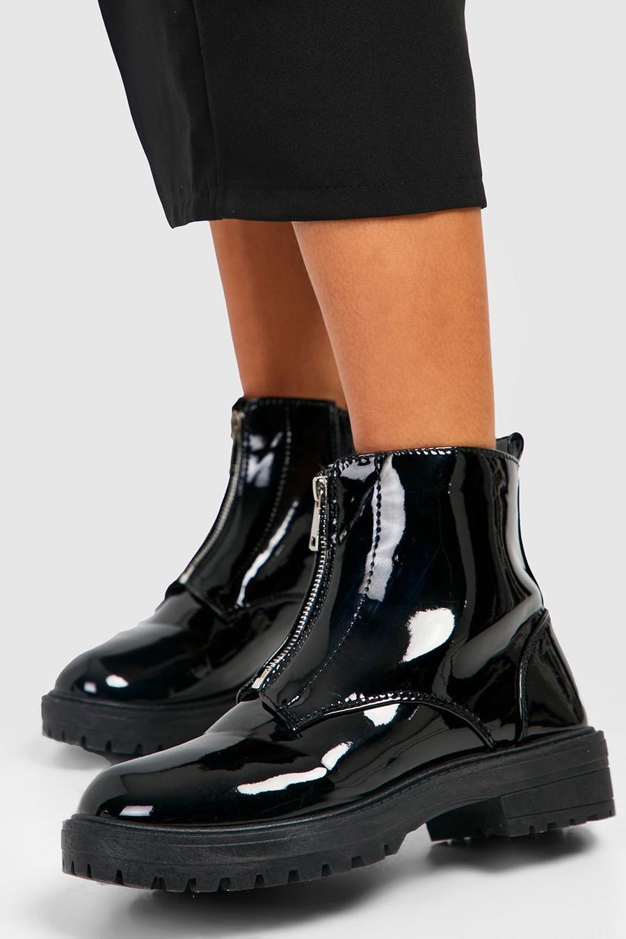 Black Zip Front Patent Flat Ankle Boots