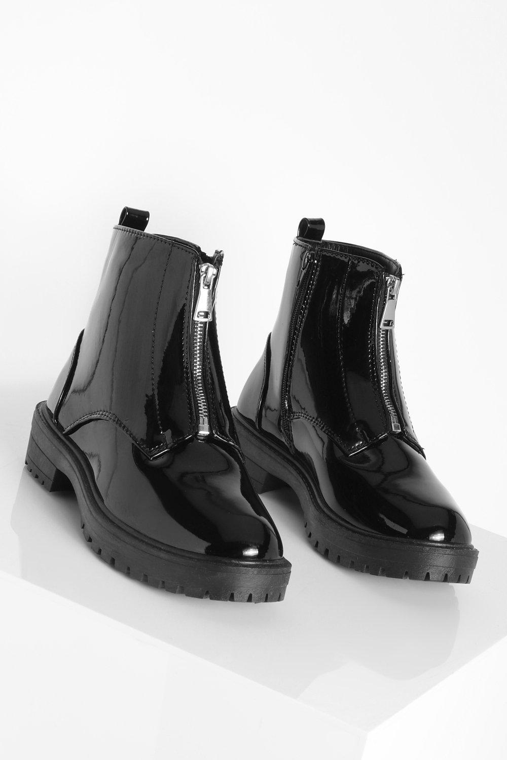 Black patent store zip front boots