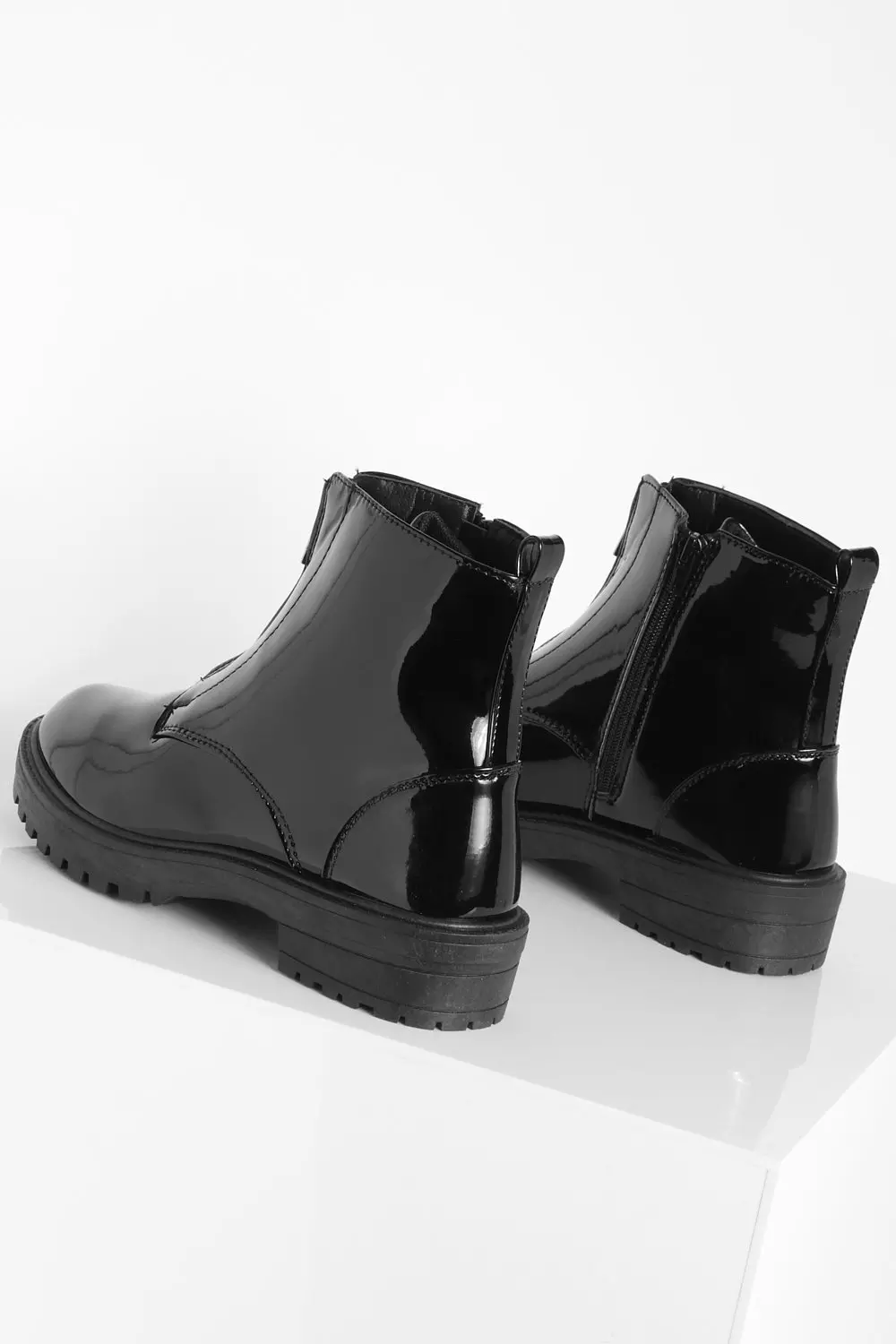 Zip Front Patent Flat Ankle Boots