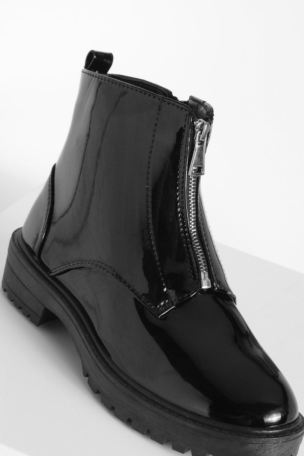 Black patent boots store with zip up front