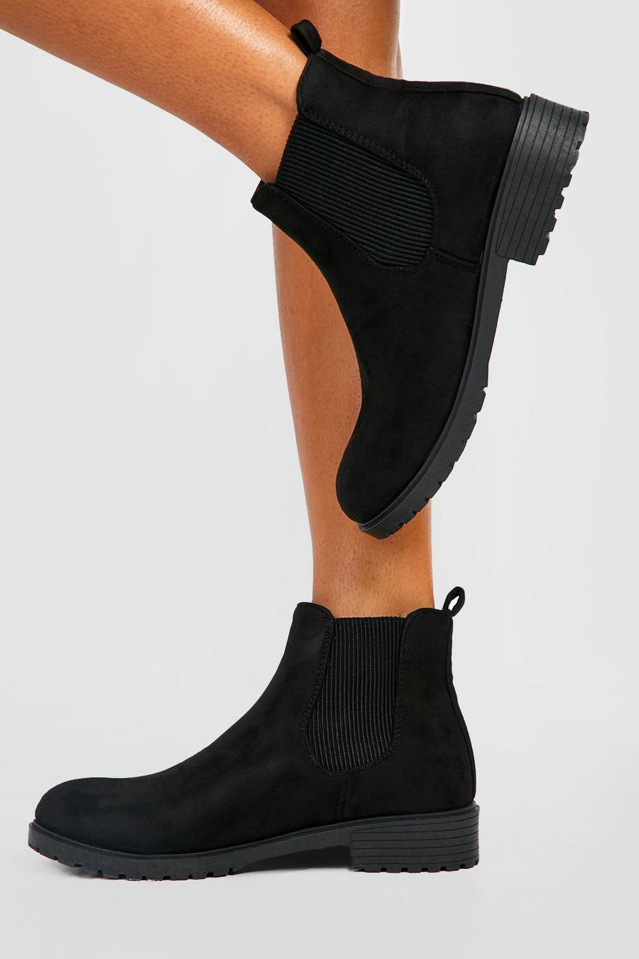 Black Ribbed Gusset Flat Chelsea Boots image number 1