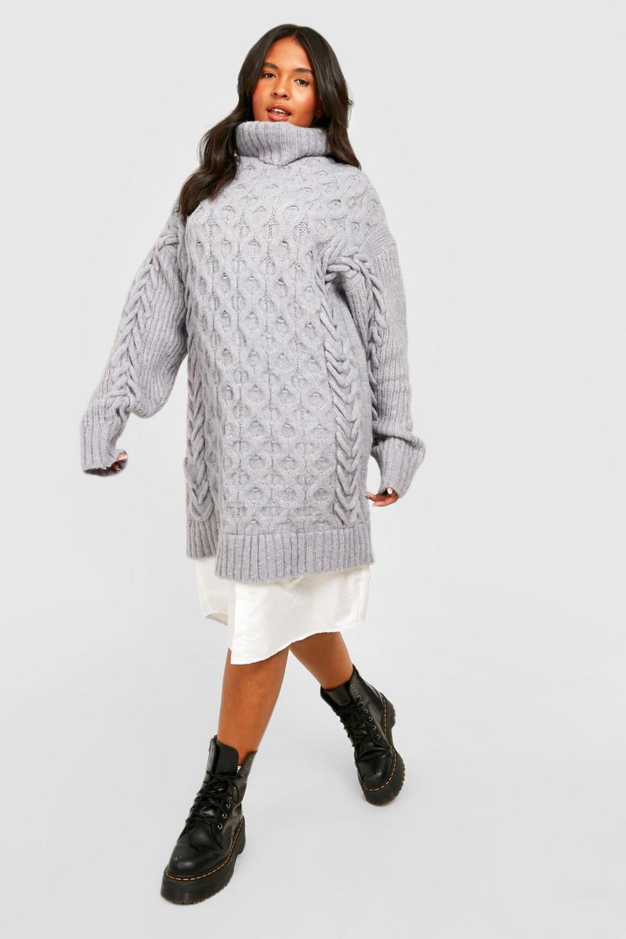 Grey Plus Cable Knit Turtleneck 2 In 1 Shirt Dress