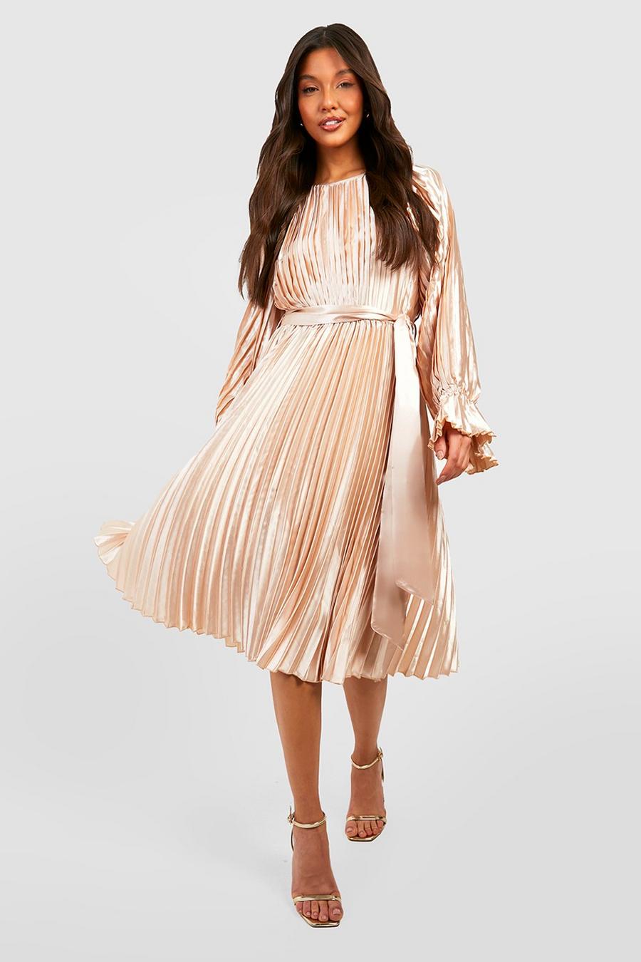 Champagne Satin Pleated Tie Detail Midi Dress image number 1