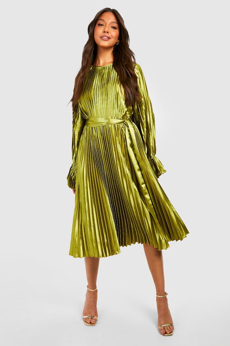 Chartreuse Satin Pleated Tie Detail Midi Dress image number 1