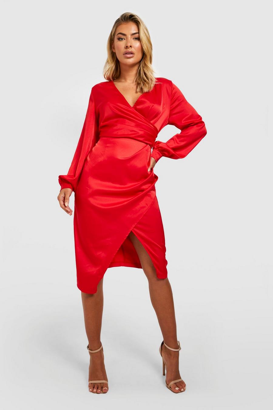 Red Satin Wrap Midi Dress