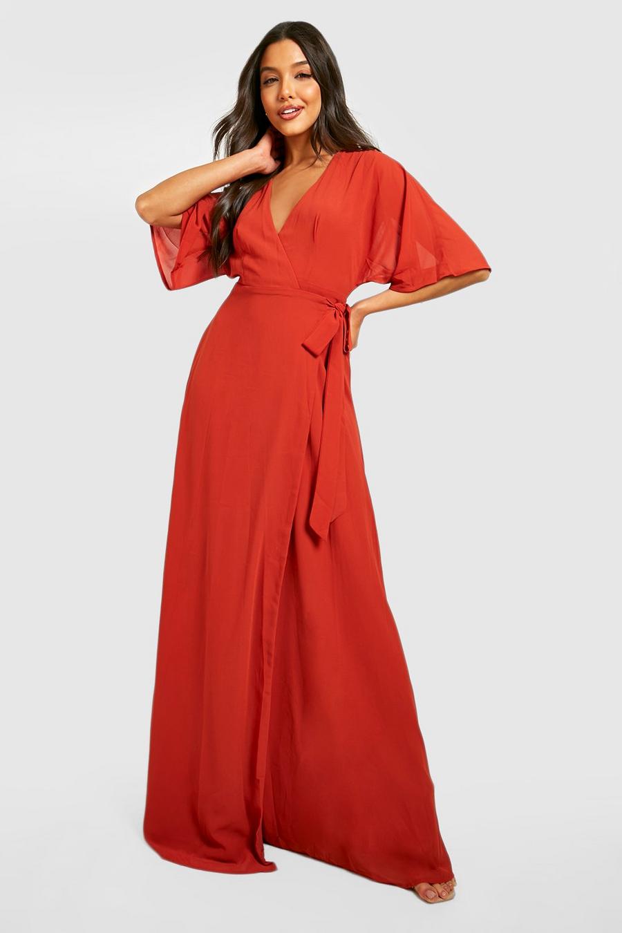 Cinnamon Chiffon Bridesmaid Angel Sleeve Wrap Maxi Dress image number 1