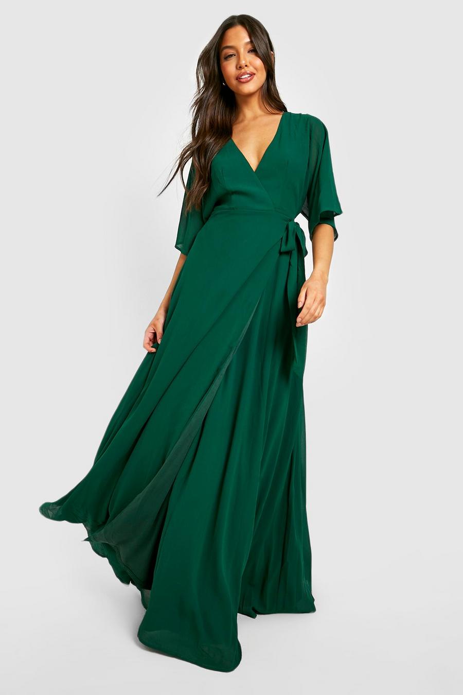 Emerald Chiffon Bridesmaid Angel Sleeve Wrap Maxi Dress image number 1