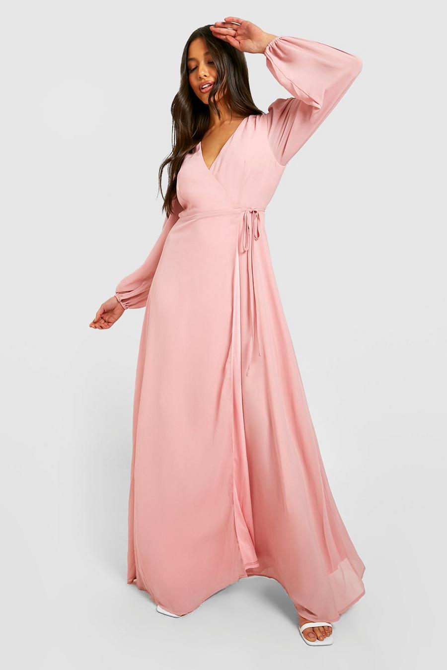 Blush pink Chiffon Bridesmaid Long Sleeve Wrap Dress