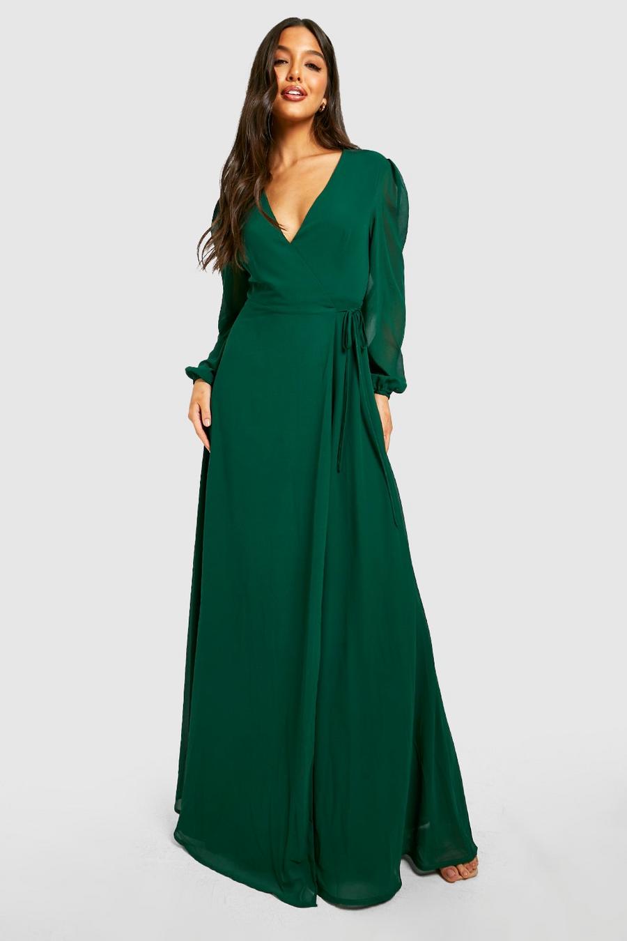 Vestido para dama de honor cruzado de manga larga y chifón, Emerald verde