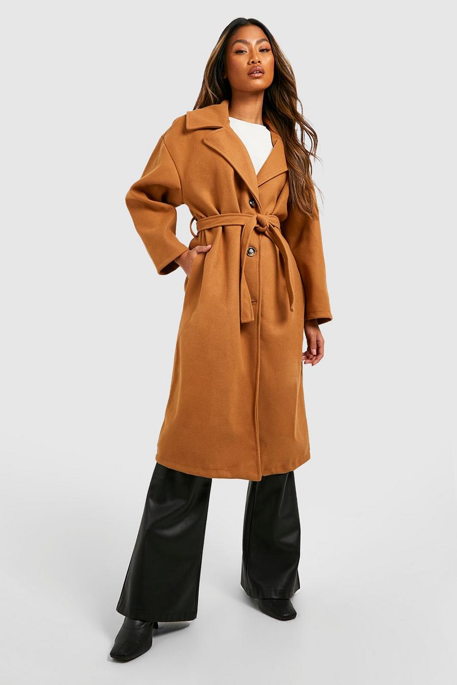 Camel Belted Button Through Wool Look Coat image number 1