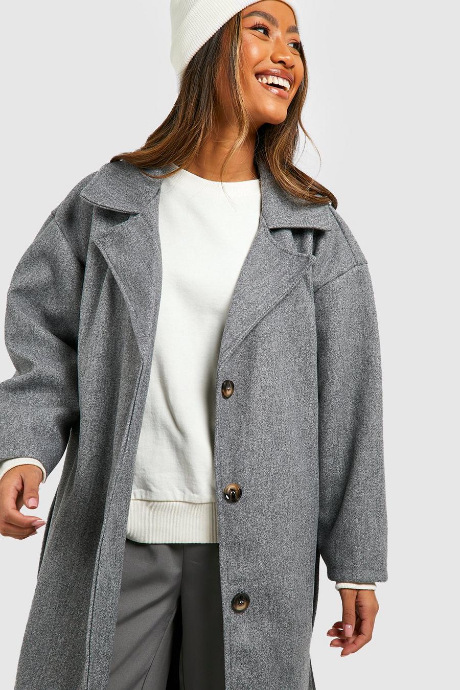 Grey Belted Button Through Wool Look Coat image number 1
