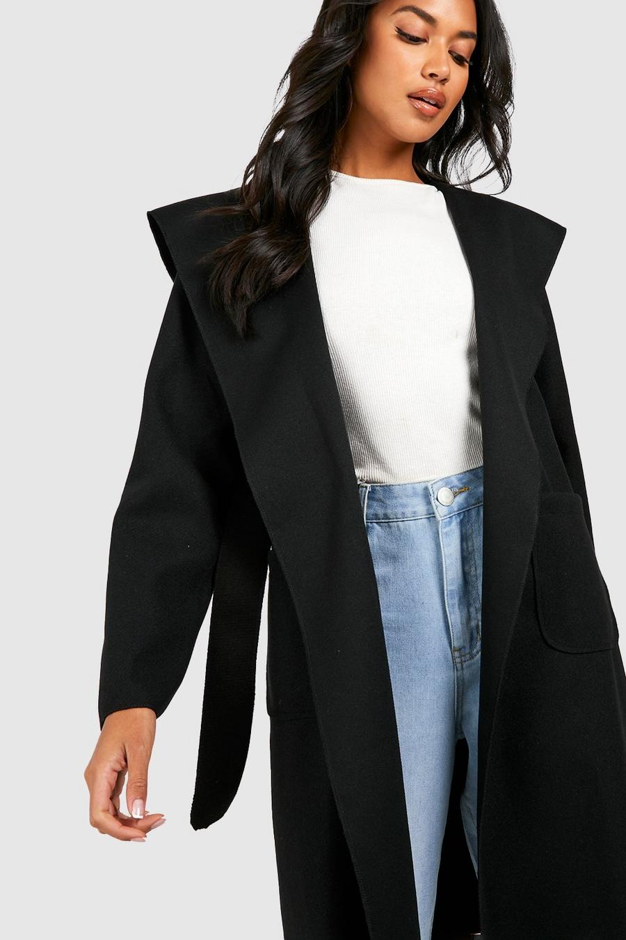 Cappotto effetto lana a cascata oversize con colletto e cintura, Black image number 1