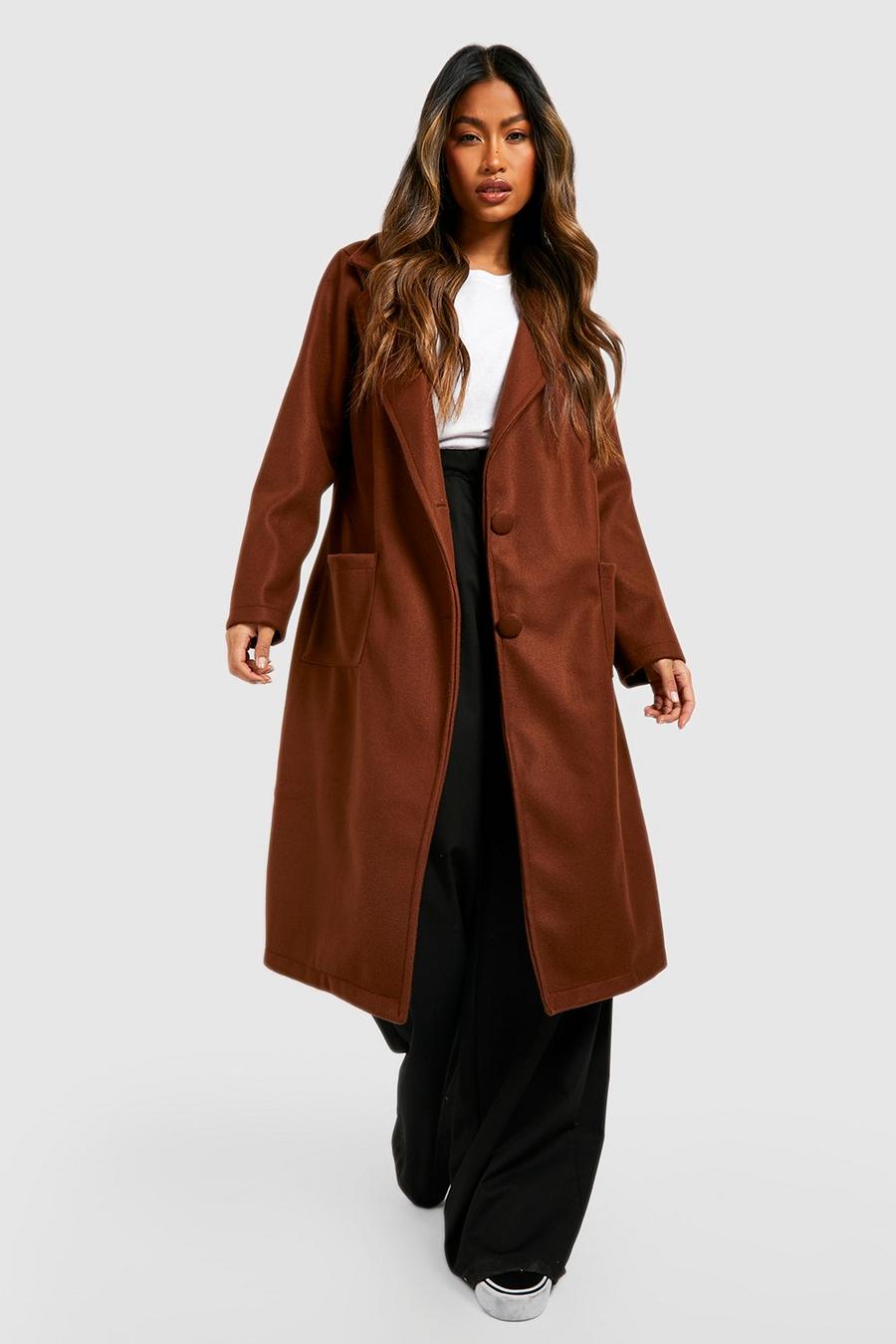 Chocolate Oversized Wool Look Covered Button Detail Coat image number 1