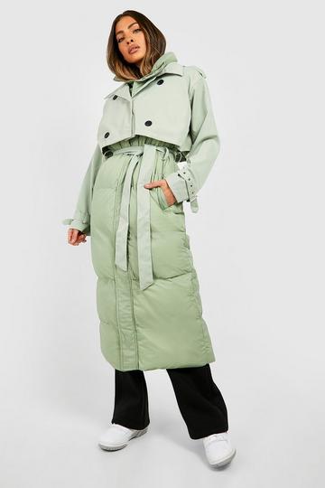 Puffer Detail Trench Coat sage