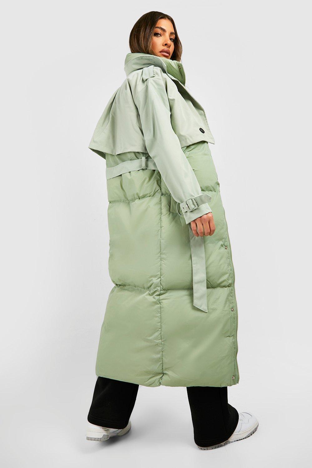 Boohoo Puffer Detail Trench Coat - Green - Size 8