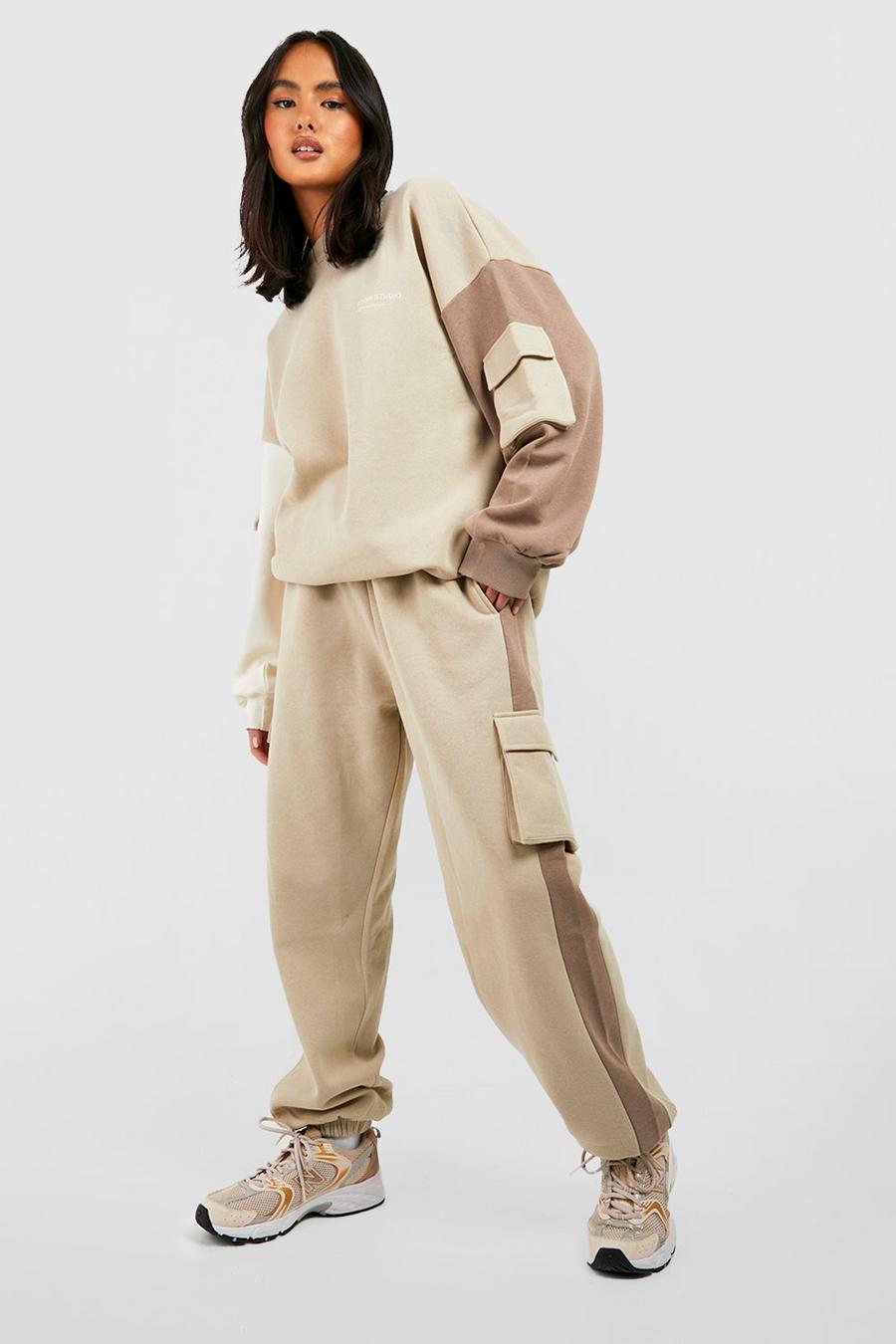 Taupe Color Block Cargo Pocket Sweater Tracksuit image number 1