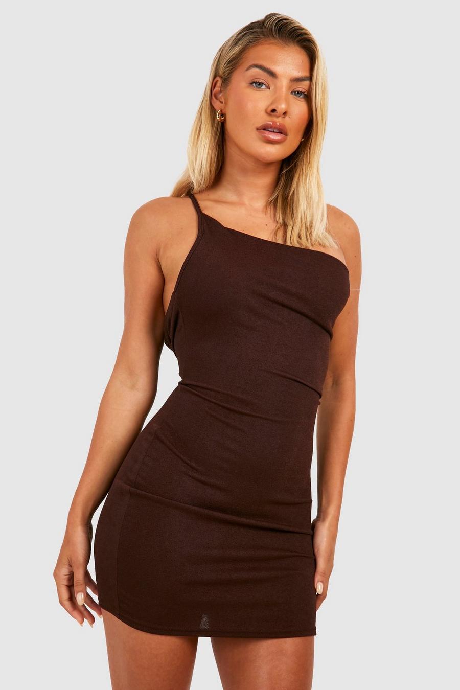 Chocolate Asymmetric Strap Slip Dress image number 1