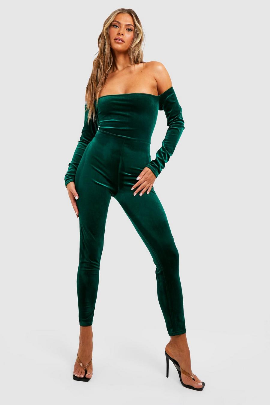Emerald green Velvet Bandeau Long Sleeve Jumpsuit image number 1
