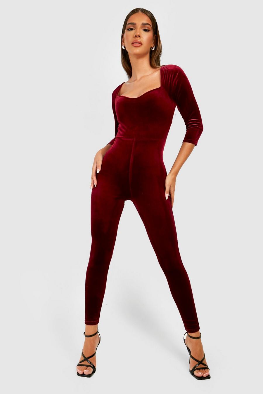 Berry red Velvet Cup Detail Long Sleeve Jumpsuit
