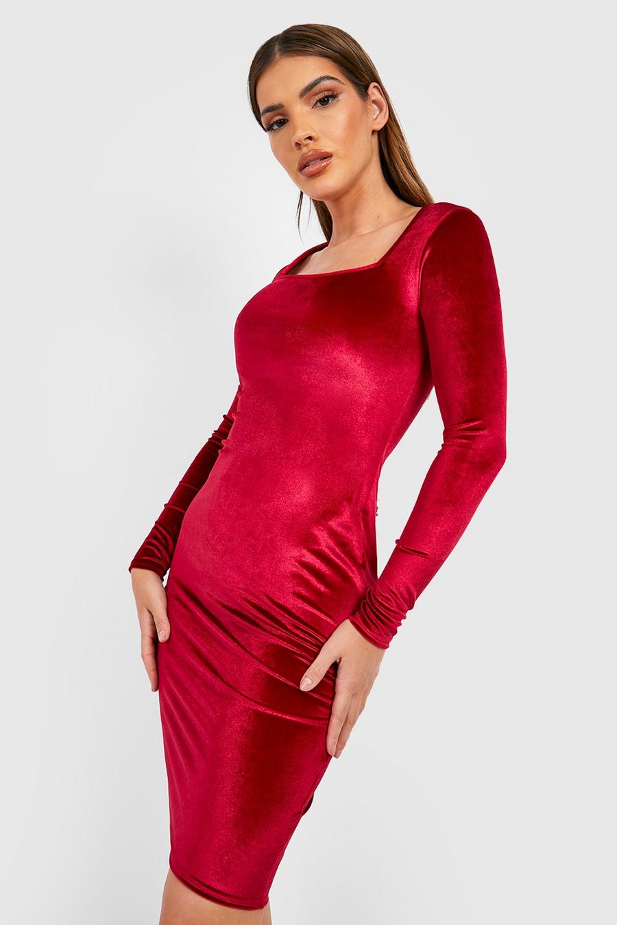 Berry red Velvet Square Neck Long Sleeve Midi Dress  image number 1