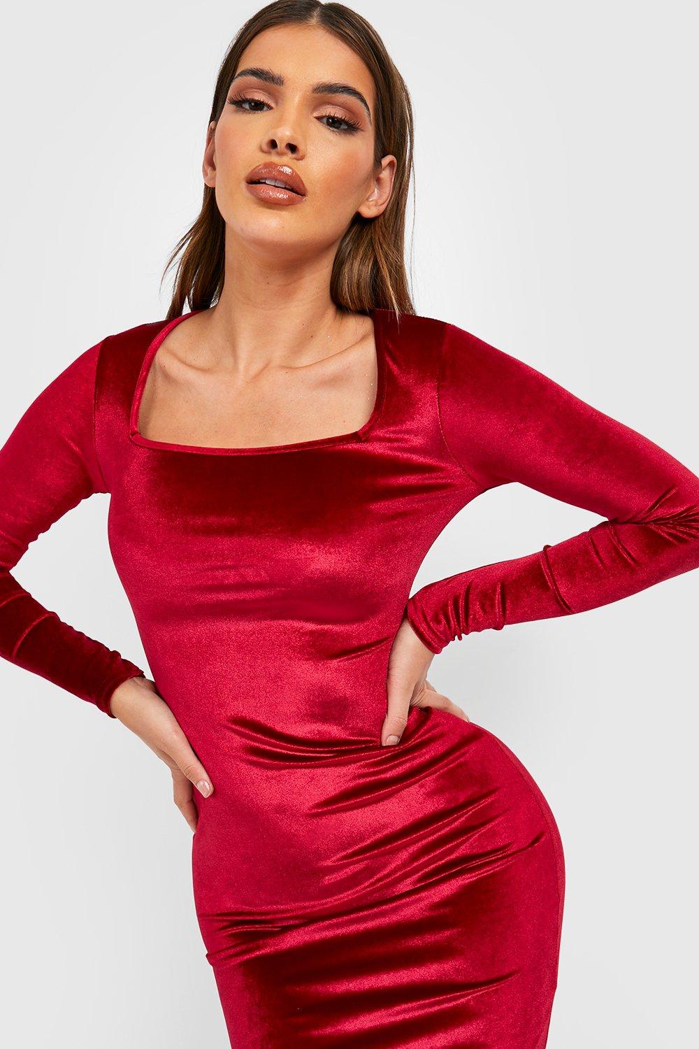 Boohoo red long hot sale sleeve dress