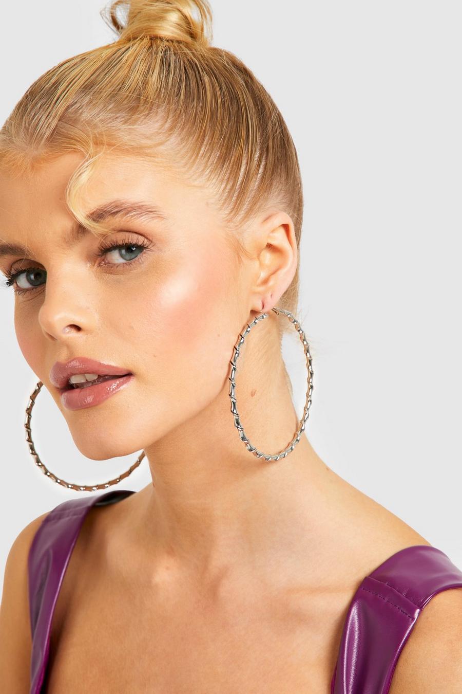 Silver Polished Twist Large Hoop Earrings