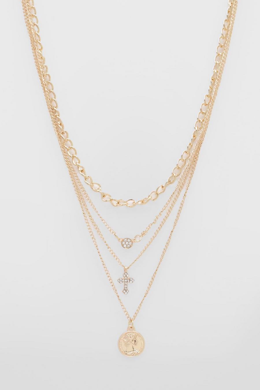 Gold metallic Coin And Cross Multirow Necklace