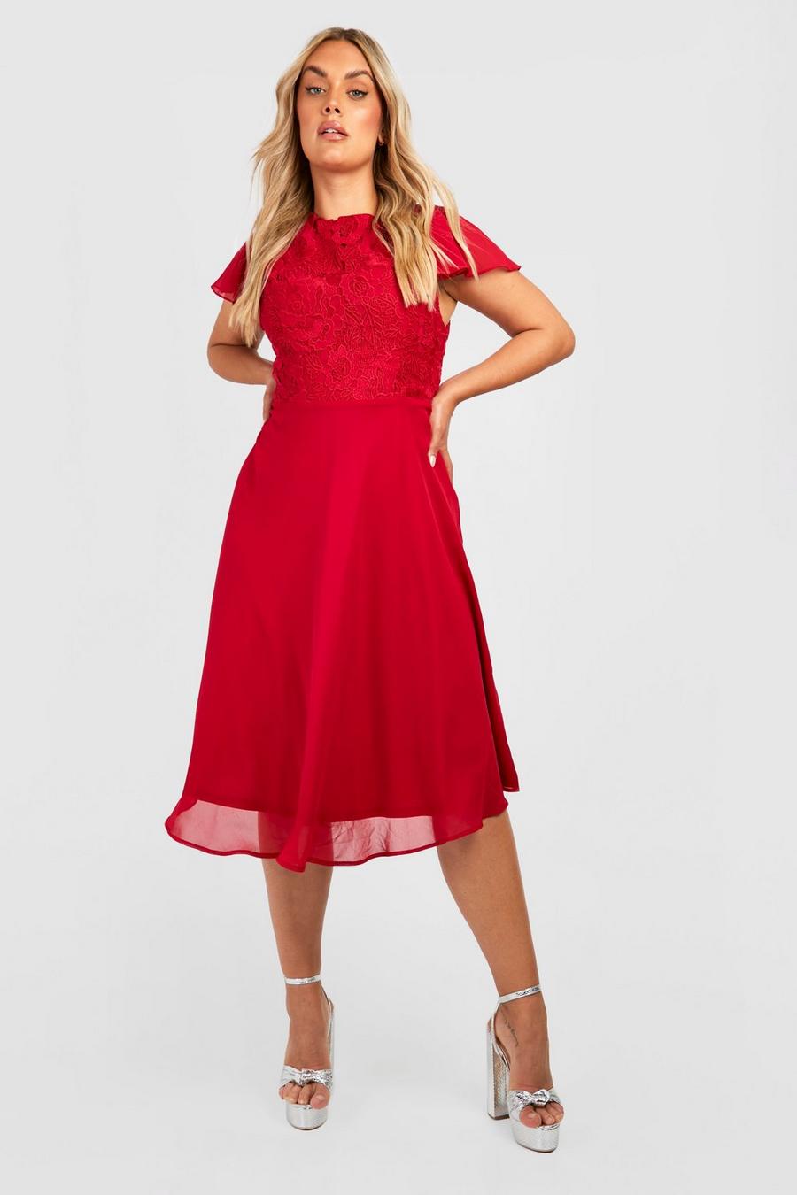Berry Plus Lace Frill Sleeve Midi Skater Dress image number 1
