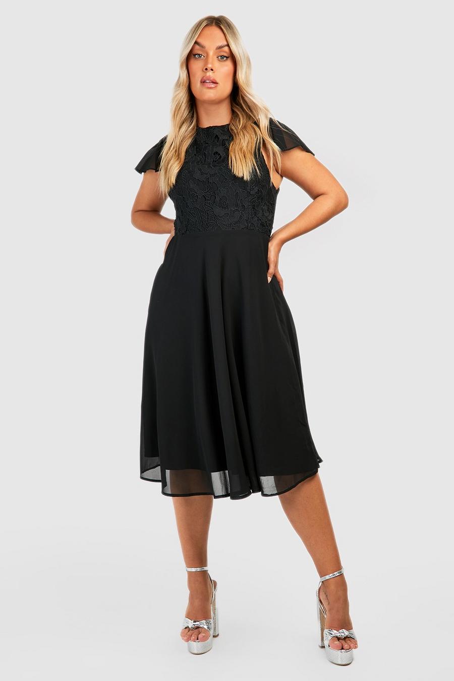 Black Plus Lace Frill Sleeve Midi Skater Dress image number 1