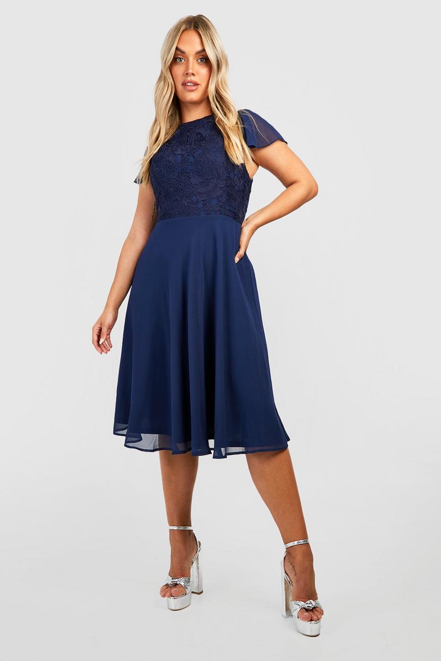Navy Plus Lace Frill Sleeve Midi Skater Dress image number 1