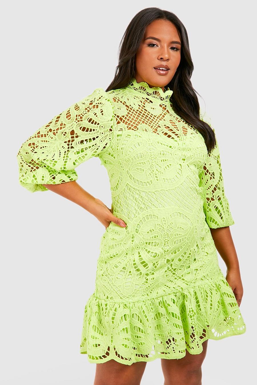 Lime verde Plus Premium Lace High Neck Mini Dress