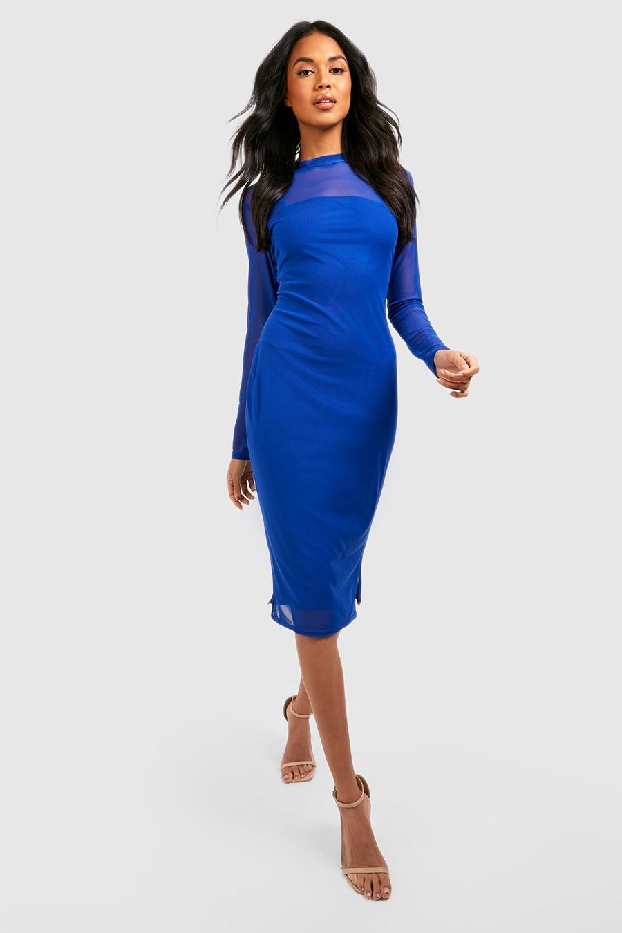 Cobalt blue Basic High Neck Mesh Midi Dress image number 1