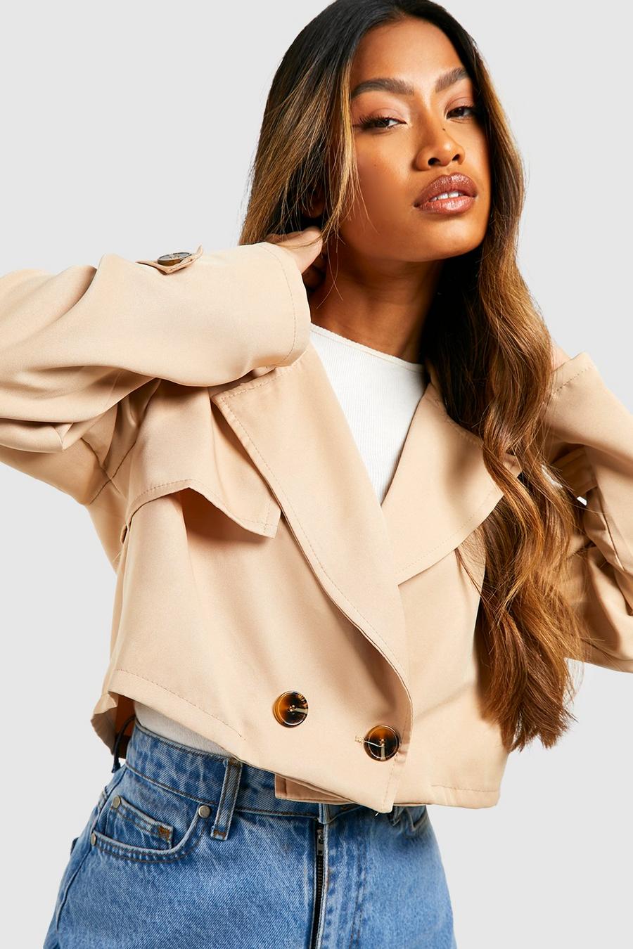 Stone beige Short Double Breasted Trench Coat