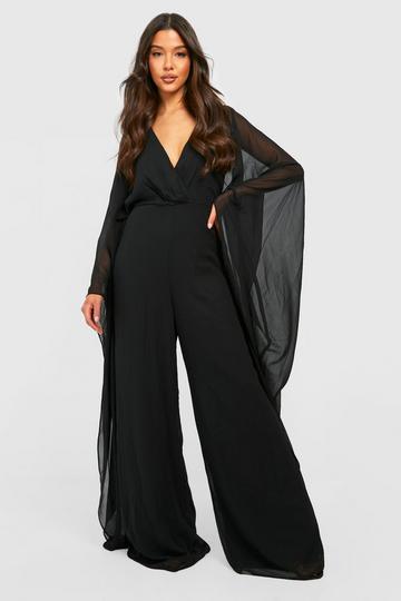 Black Chiffon Wrap Cape Sleeve Jumpsuit