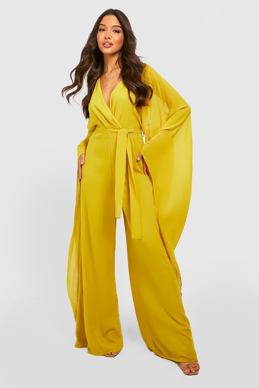 Chartreuse yellow Chiffon Wrap Cape Sleeve Jumpsuit image number 1
