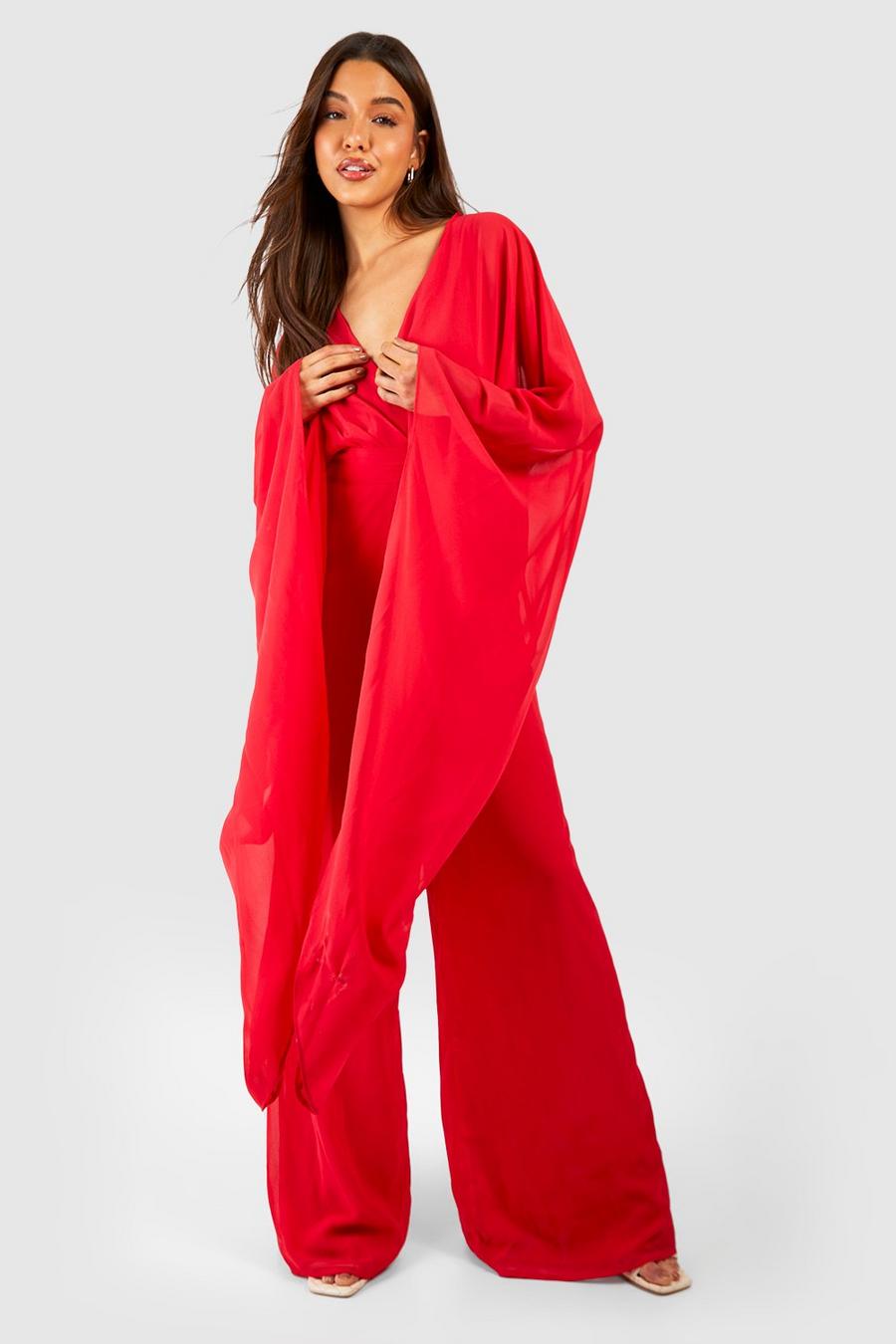 Red Chiffon Wrap Cape Sleeve Jumpsuit image number 1