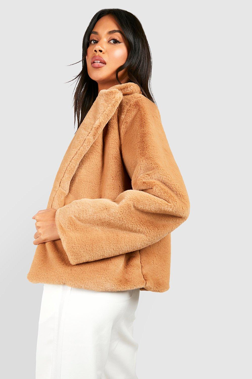 boohoo Faux Fur Trim Suede Look Coat - Brown - Size 12