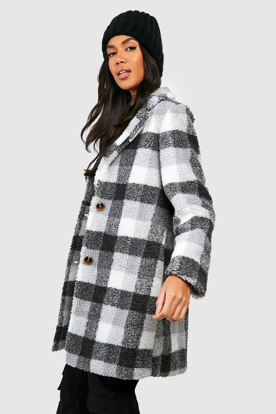 Grey Check Teddy Faux Fur Coat   image number 1