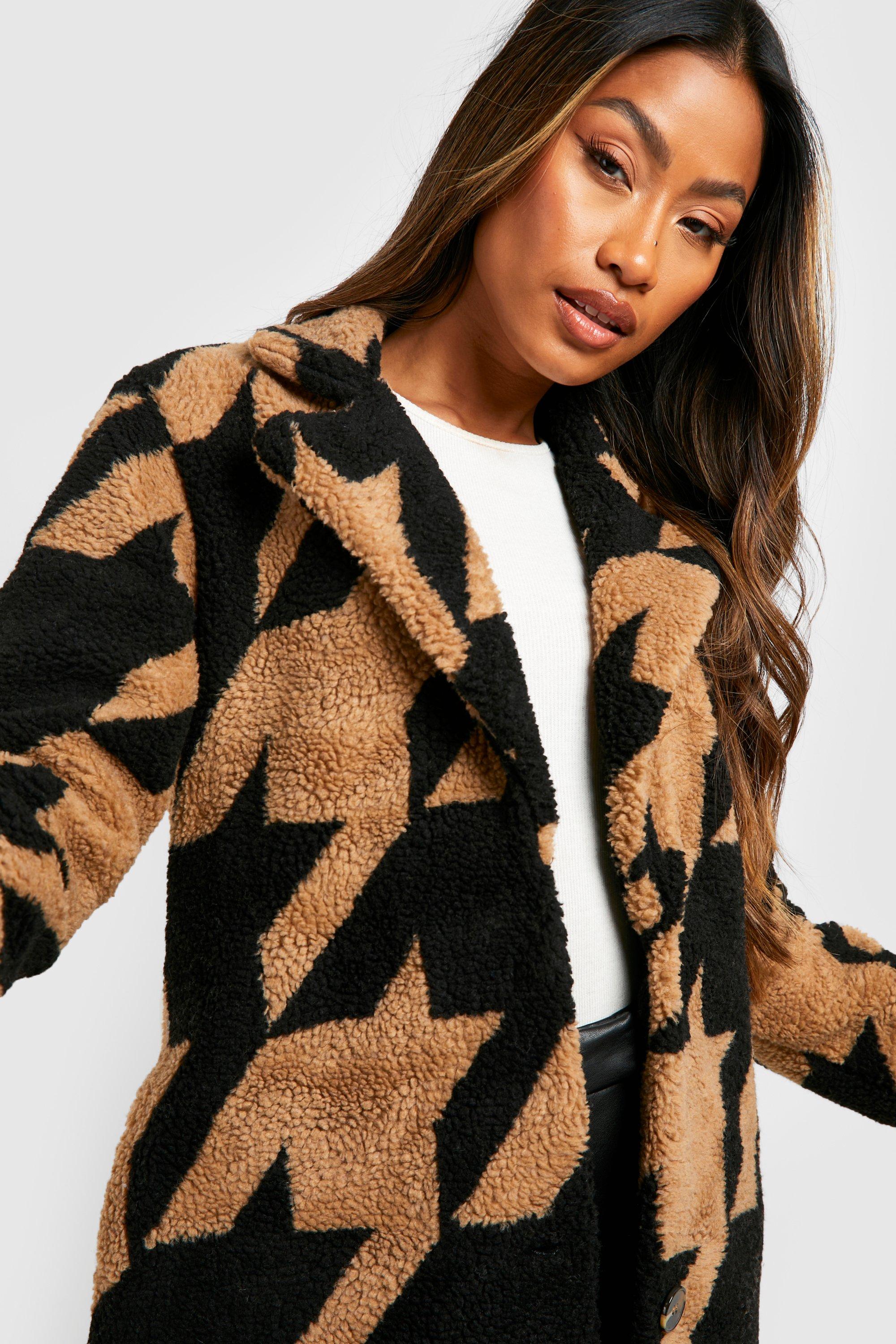 Oversized Dogtooth Teddy Faux Fur Coat boohoo NO