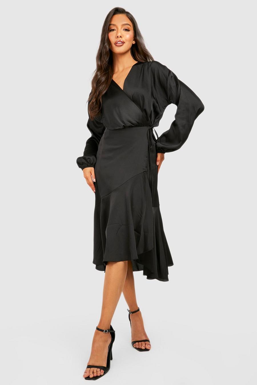 Black Satin Wrap Ruffle Long Sleeve Midi Dress image number 1